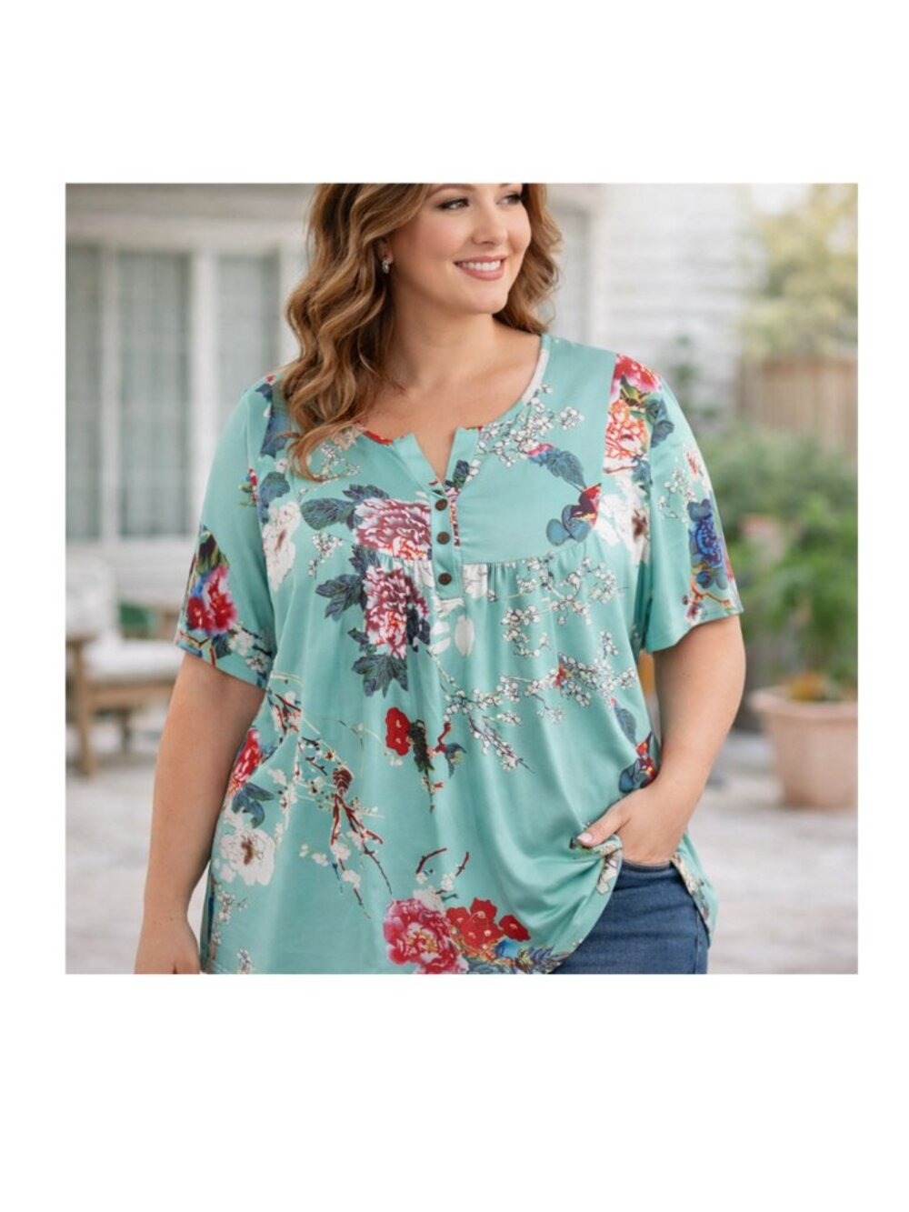 Allegrace Floral Tunic Top  2X  Teal Blouse Boho Plus size Summer  Casual